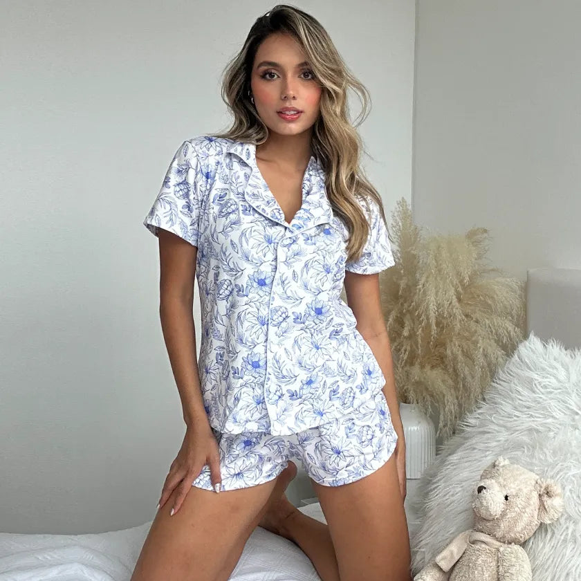 Pijamas Short Estampadas con Botones de Lujo Color Azul