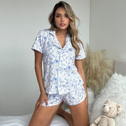 Pijamas Short Estampadas con Botones de Lujo Color Azul