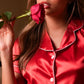 Pijamas de Lujo en Satin en Short y Camisa con Botones Roja